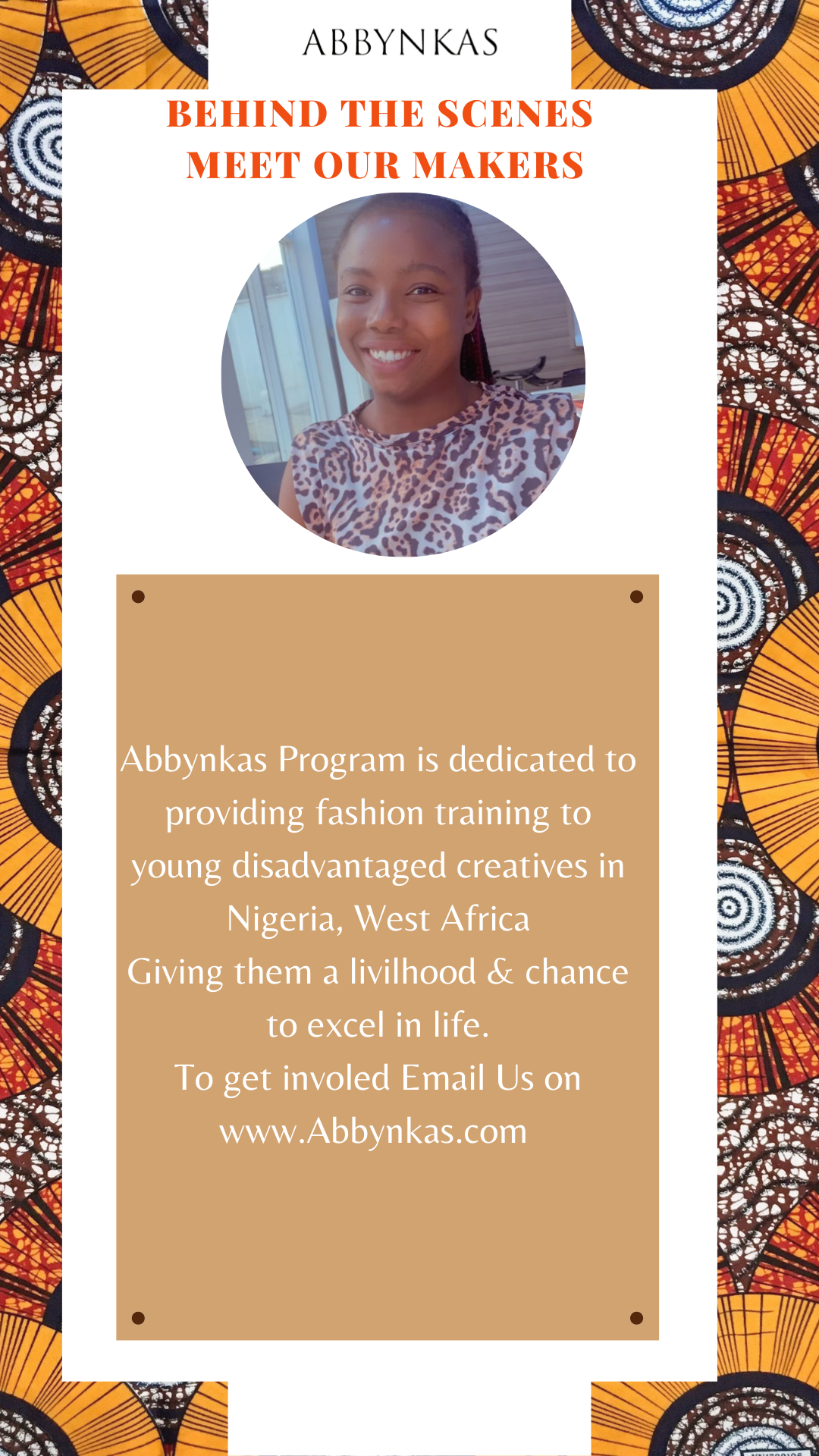 Load video: We’re bringing you behind the scenes to our Nigerian Studios where all the magic happens! ✨Meet 19-year-old Esther from Enugu State, Nigeria, Esther is one our makers in our studio in Nigeria &amp; The girl to join out program @abbynkas_program . By Supporting and creating awareness of ABBYNKAS MISSION in Nigeria; helping the a girl like Esther &amp; most talented fashion creative get training and livelihood in the fashion industry. Follow @abbynkas_program for more🤎#madeinnigeria #ankarafashion #ethicalfashion #sustianablefashion #africanfashion